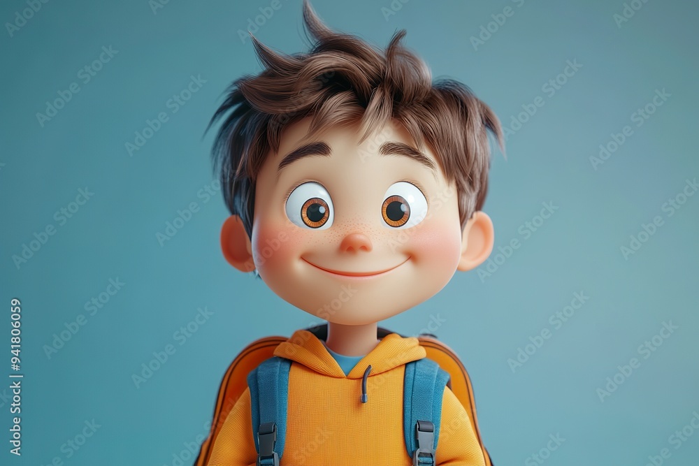 3D cartoon-style kid with a big smile, wearing a backpack and ready for school 3D cartoon-style kid with a big smile, wearing a backpack and ready for school