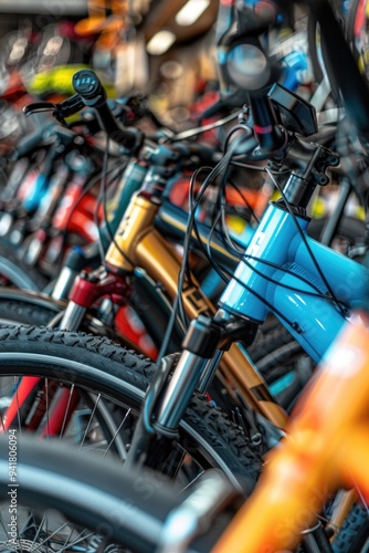 A line of bikes parked together, ready for use or storage