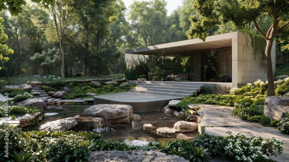 Modern house with a garden pond and lush greenery. Modern house with a garden pond and lush greenery.