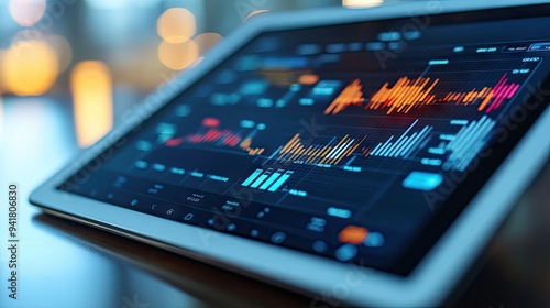 Close-up of a financial dashboard showing real-time stock prices and line graphs on a tablet -