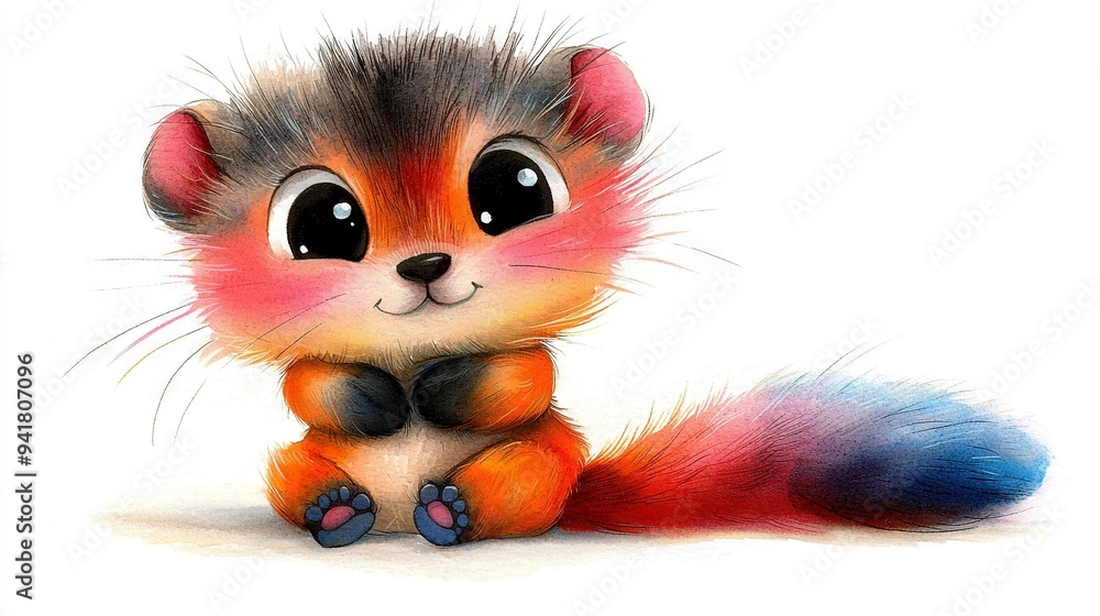 A picture of a tiny creature with massive eyes and a bushy tail, posed on the floor and facing the viewer A picture of a tiny creature with massive eyes and a bushy tail, posed on the floor and facing the viewer