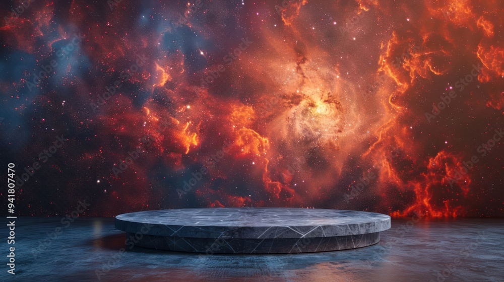 A circular stone podium against a backdrop of a swirling nebula with twinkling stars, perfect for displaying products or showcasing designs. A circular stone podium against a backdrop of a swirling nebula with twinkling stars, perfect for displaying products or showcasing designs.