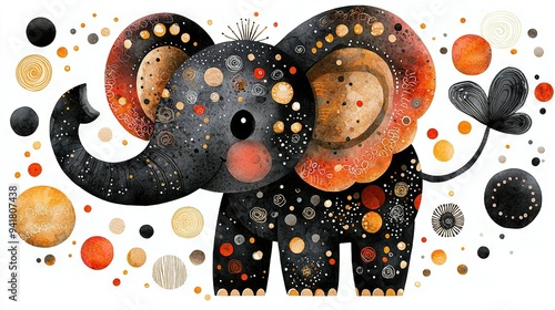   A painting depicts an elephant with dots and circles on its backhead and raised trunk photo