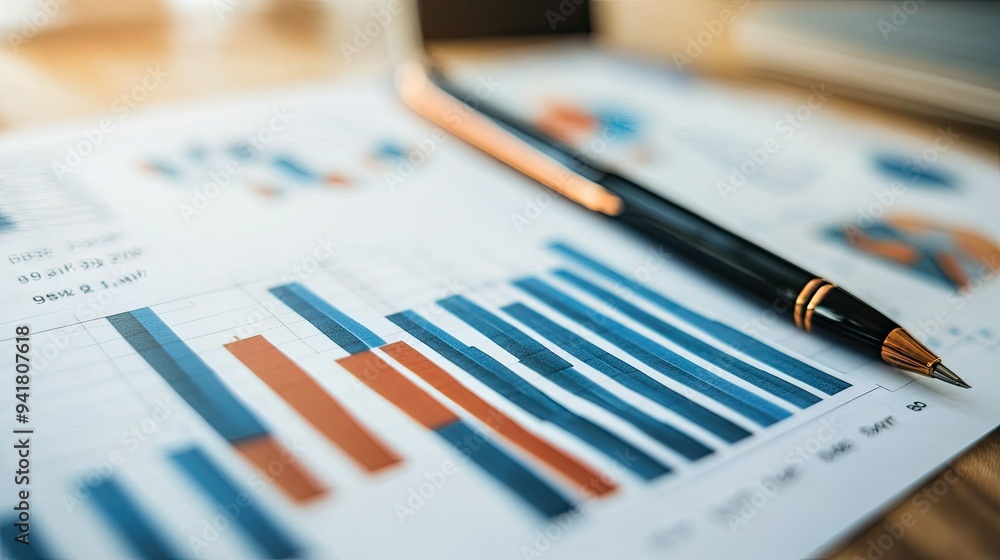 Close-up of a financial graph with market analysis and growth projections, accompanied by a financial planner notes Close-up of a financial graph with market analysis and growth projections, accompanied by a financial planner notes