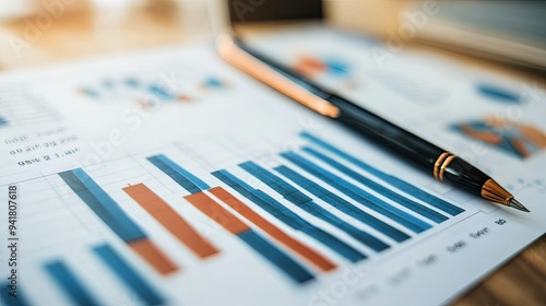 Close-up of a financial graph with market analysis and growth projections, accompanied by a financial planner notes