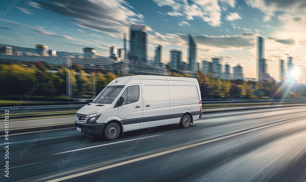 A white delivery van is seen driving on a busy highway with a modern city skyline in the background, symbolizing efficient urban transportation services with speed and reliability