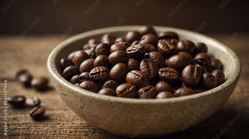 Rustic ceramic bowl filled with coffee beans. Rustic ceramic bowl filled with coffee beans.