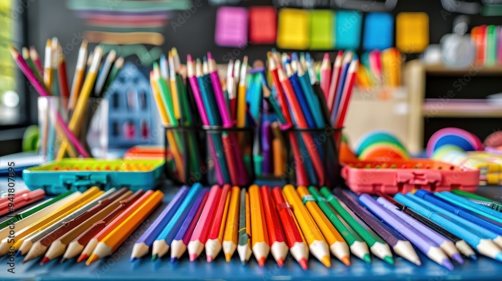 A close-up of colorful pencils on a table. The pencils are arranged in rows and are ready for use. A close-up of colorful pencils on a table. The pencils are arranged in rows and are ready for use.