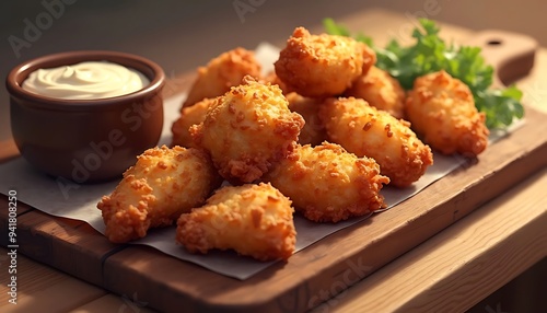 Closeup of crispy fried chicken bites with dipping sauce.	