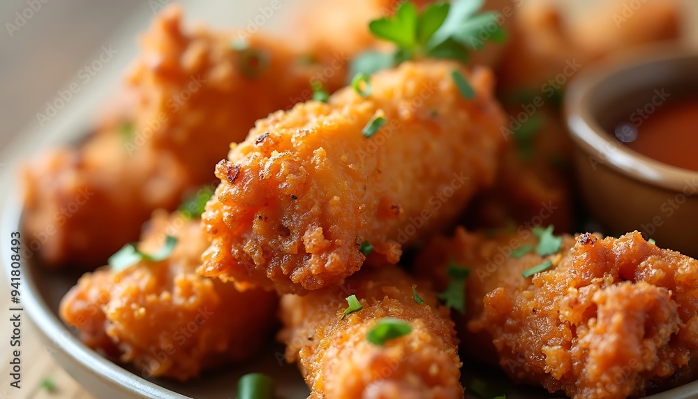 Closeup of crispy fried chicken bites with dipping sauce. Closeup of crispy fried chicken bites with dipping sauce.