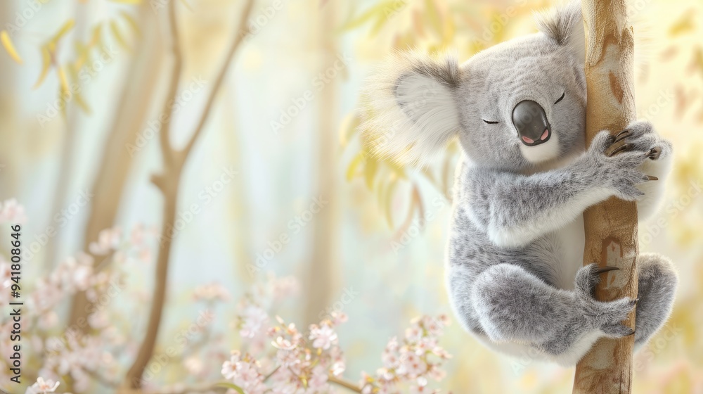 Cute Koala Bear Sleeping on a Tree Branch in a Spring Forest Cute Koala Bear Sleeping on a Tree Branch in a Spring Forest