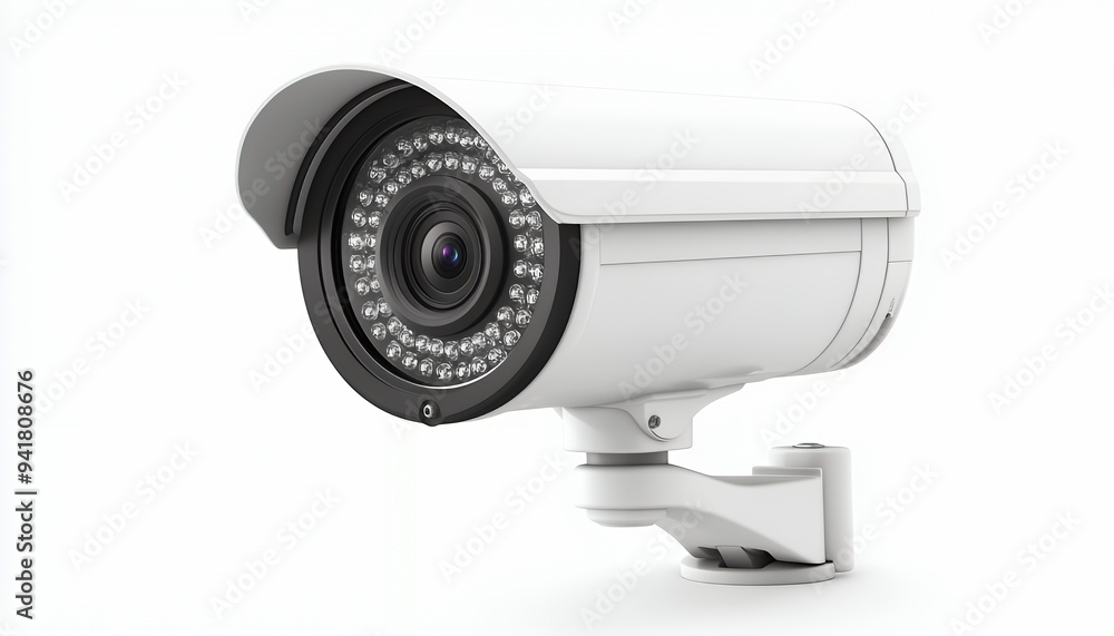 A white security camera designed for surveillance and monitoring. A white security camera designed for surveillance and monitoring.