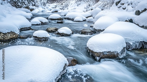 Snow-covered rocks along a riverbank, with ample room for copy in alongthe flowing water photo