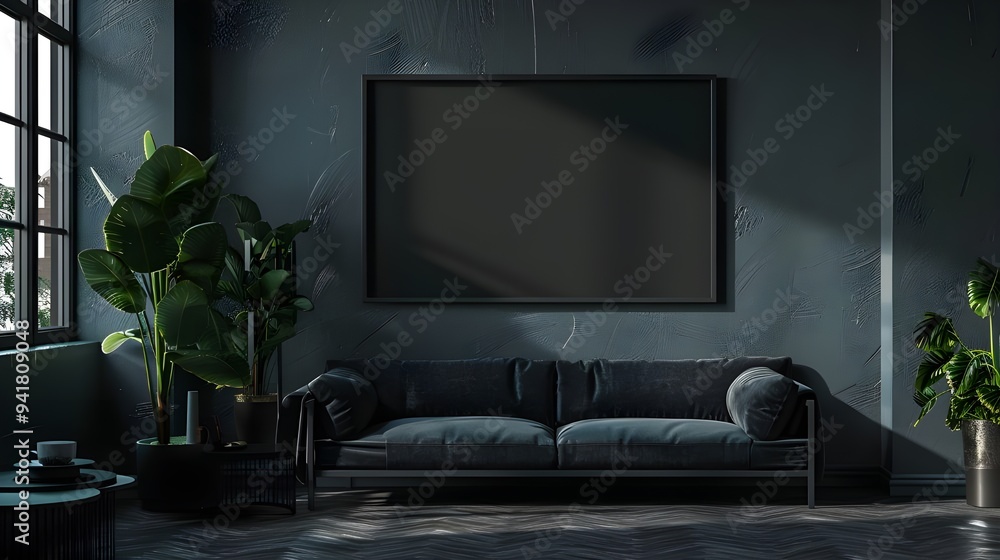 Frame mockup with background of contemporary, dark interior home Frame mockup with background of contemporary, dark interior home