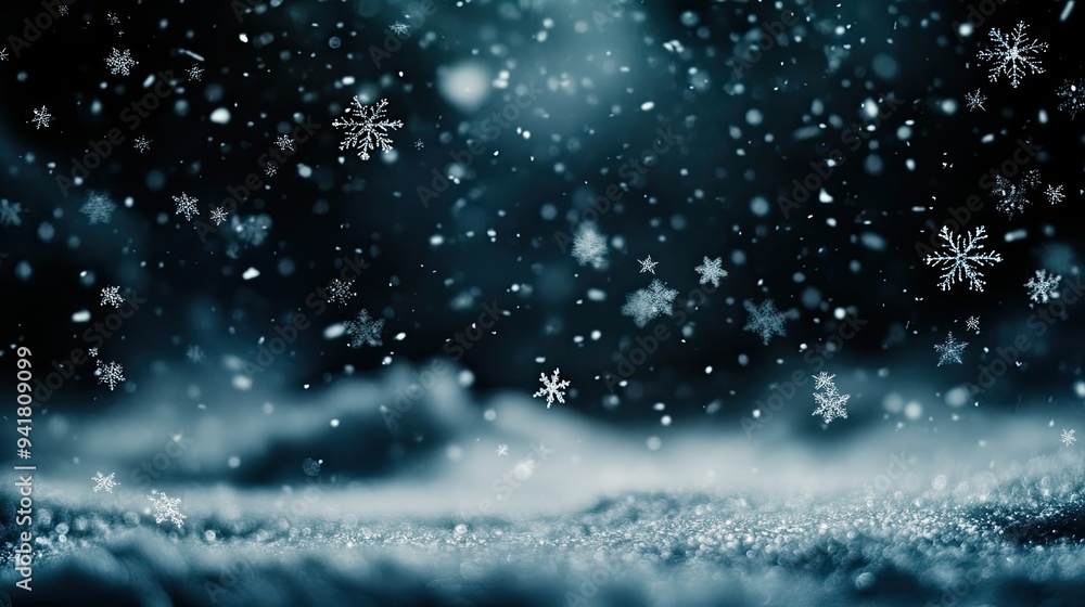 Snowflakes falling on a calm winter night, with ample space for text in the dark sky Snowflakes falling on a calm winter night, with ample space for text in the dark sky