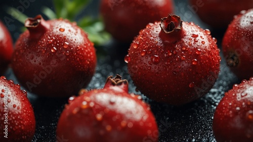 Fresh Pomegranates with Seeds on Wet Surface. photo