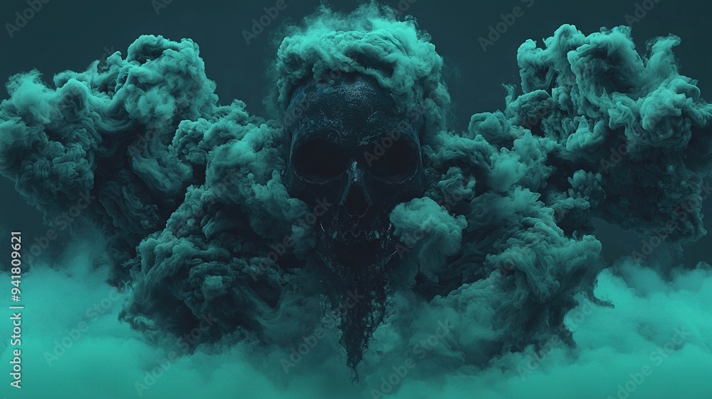 A skull surrounded by smoke in a dark blue fog-filled sky with green and black clouds A skull surrounded by smoke in a dark blue fog-filled sky with green and black clouds