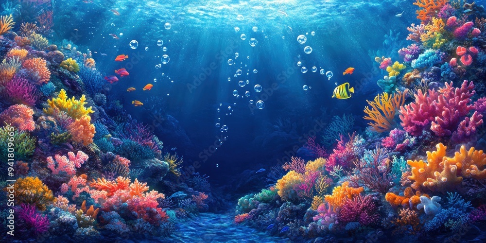 Naklejka premium Colorful Coral Reef with Fish and Bubbles in Deep Blue Water