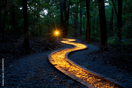 A serene woodland scene with an amber glow from the setting sun, illuminating the trees and casting a warm light on the path