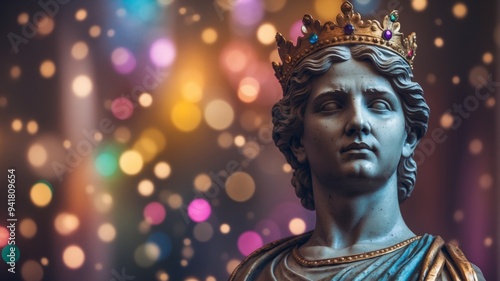 Colorful lighting on classical statue with crown.