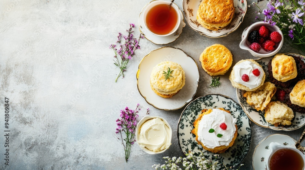 Flat lay of British afternoon tea set with scones and clotted cream, with room for copy space. Flat lay of British afternoon tea set with scones and clotted cream, with room for copy space.