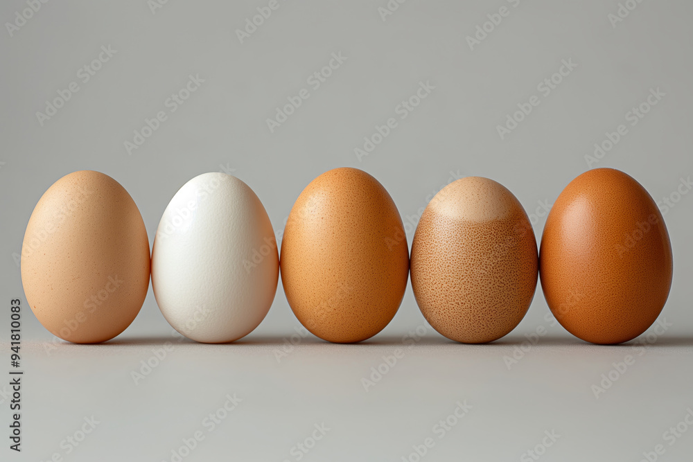 Row of Five Diverse Fresh Eggs on a Neutral Background Row of Five Diverse Fresh Eggs on a Neutral Background