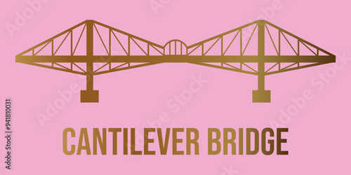 Golden silhouette of cantilever bridge with text. Vector on pink background