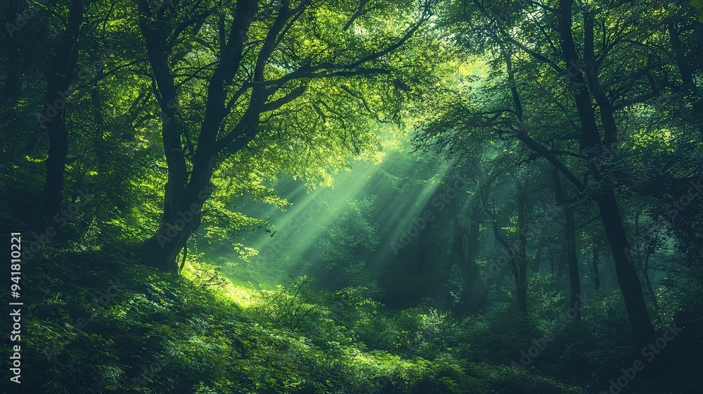 A verdant woodland teems with abundant foliage and sunbeams filtering through the tree canopies that flank the trail A verdant woodland teems with abundant foliage and sunbeams filtering through the tree canopies that flank the trail