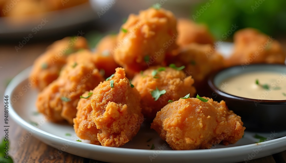 Closeup of crispy fried chicken bites with dipping sauce. Closeup of crispy fried chicken bites with dipping sauce.