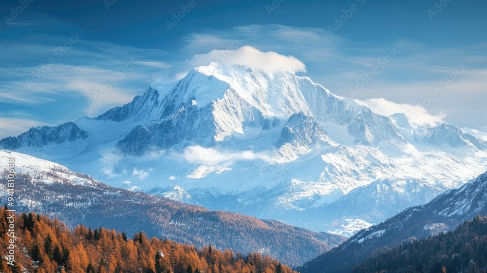 The iconic Mont Blanc towering over the French Alps, with open space for text in the snow-covered landscape The iconic Mont Blanc towering over the French Alps, with open space for text in the snow-covered landscape