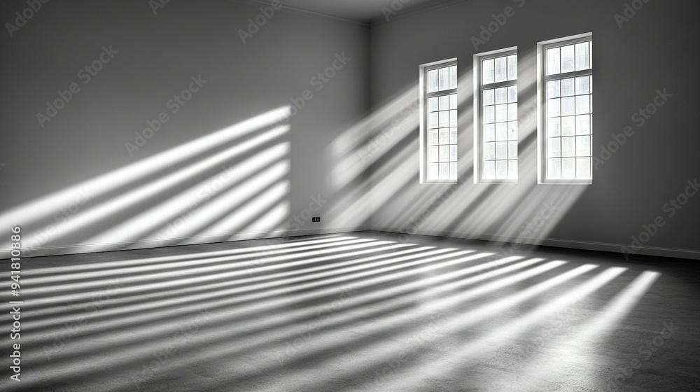 The picture features a monochrome depiction of an interior with three apertures and an elongated sunbeam cast onto the opposite wall The picture features a monochrome depiction of an interior with three apertures and an elongated sunbeam cast onto the opposite wall
