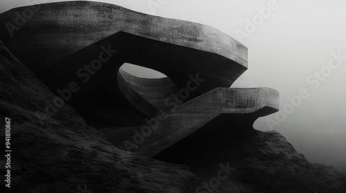   A black-and-white photo of a rock formation in the foreground with a foggy sky in the background photo