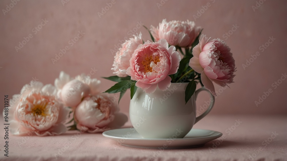 Collection of light pink peonies arranged in a white ceramic plate on pink pastel background. Collection of light pink peonies arranged in a white ceramic plate on pink pastel background.