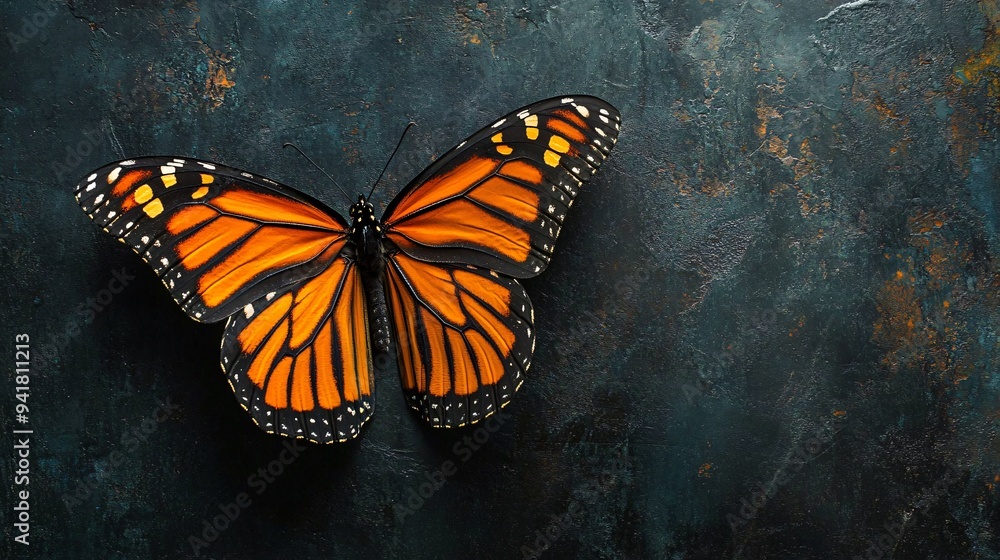 A dark charcoal background with a vibrant orange monarch butterfly, wings open in a symmetrical display A dark charcoal background with a vibrant orange monarch butterfly, wings open in a symmetrical display