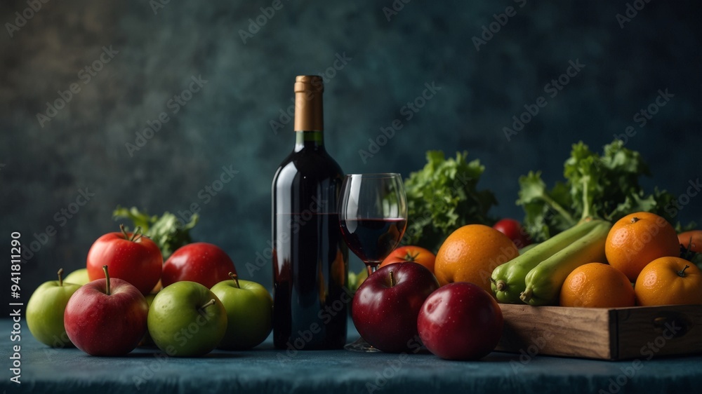 Fresh vegetables and fruits with wine bottle on blue background. Fresh vegetables and fruits with wine bottle on blue background.