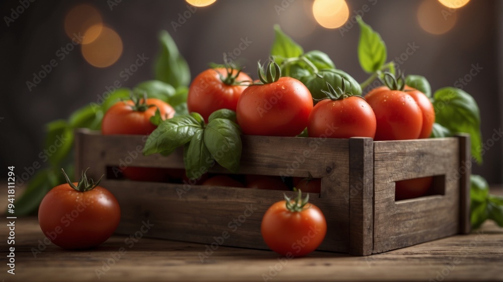 Fresh tomatoes and basil in wooden crate. Fresh tomatoes and basil in wooden crate.