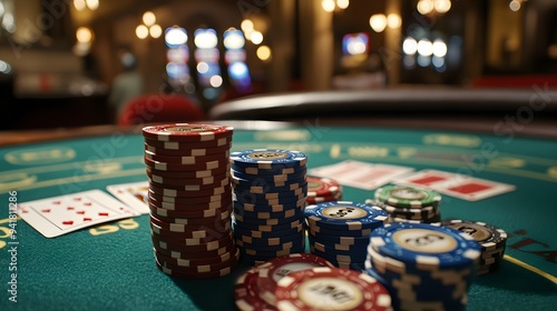 Mid-Air Poker Chips and Full House on Table Set the Stage for a Thrilling WSOP Tournament Atmosphere.