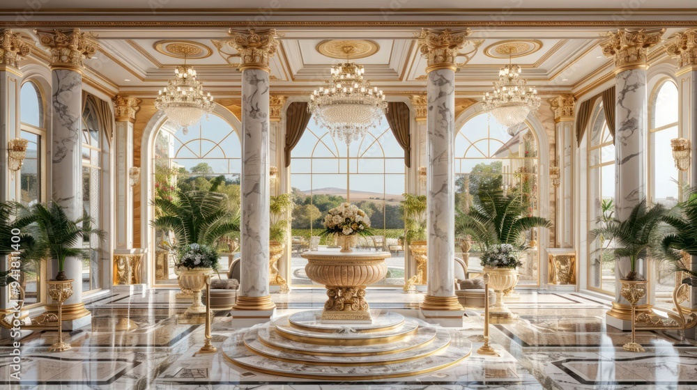 Grand, opulent interior of a palace with marble columns, gold accents, and large windows overlooking a garden. Grand, opulent interior of a palace with marble columns, gold accents, and large windows overlooking a garden.