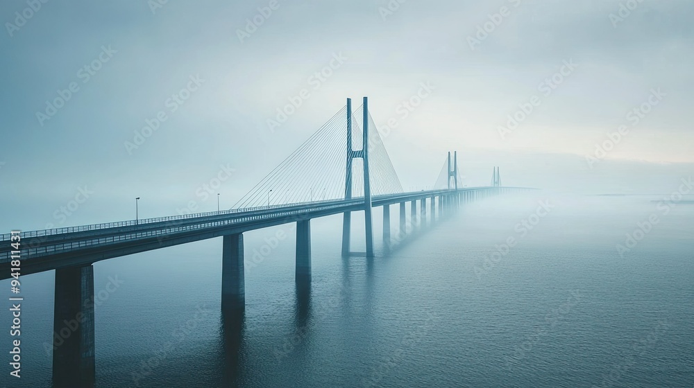 The majestic Great Belt Bridge in Denmark, with open space for text in the surrounding waters The majestic Great Belt Bridge in Denmark, with open space for text in the surrounding waters