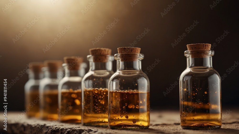 Row of glass bottles with cork stoppers filled with amber-colored liquid. Row of glass bottles with cork stoppers filled with amber-colored liquid.