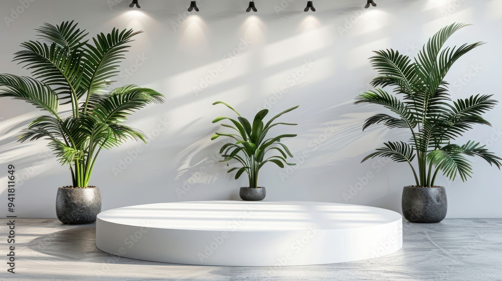 Fototapeta premium White podium with tropical plants and spotlights in a minimalist interior.