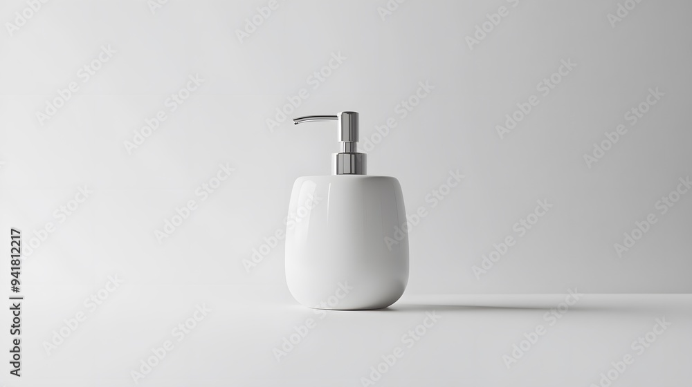 Obraz premium Minimalist Soap Dispenser: A simple, white soap dispenser with a clean design, centered on a white background, with soft lighting to enhance its form. 