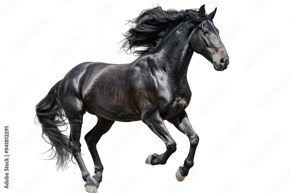 A majestic black horse galloping with flowing mane and tail against a white background. A majestic black horse galloping with flowing mane and tail against a white background.