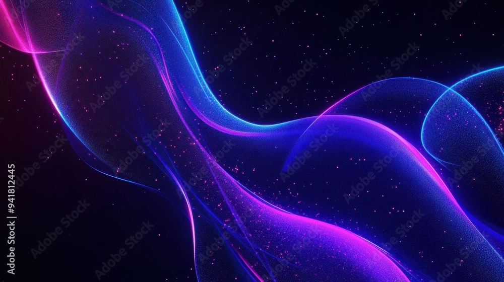 Futuristic blue and purple neon light abstract shapes float against a deep black backdrop, illuminating the scene with vibrant, dynamic glows. Empty space for text. Futuristic blue and purple neon light abstract shapes float against a deep black backdrop, illuminating the scene with vibrant, dynamic glows. Empty space for text.