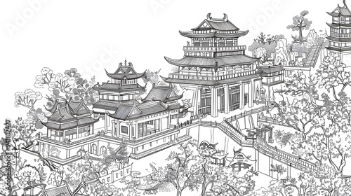 Hand Drawn Sketch Line Art Draft that showcases of Misty Japanese Temple and Garden and Chinese Temple with Cherry Blossoms at Riverside in the Morning