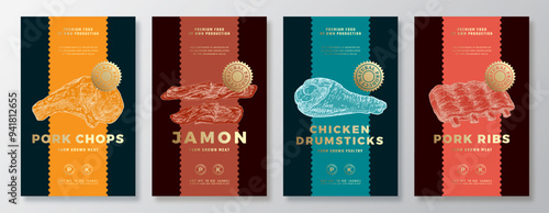 Beef and Salmon Steak, Chicken Thighs, Jamon Vector Packaging Label Design Templates Set. Product Banner, Hand Drawn Meat, Fish and Poultry Sketches. Food Background Layout with Gold Foil Isolated