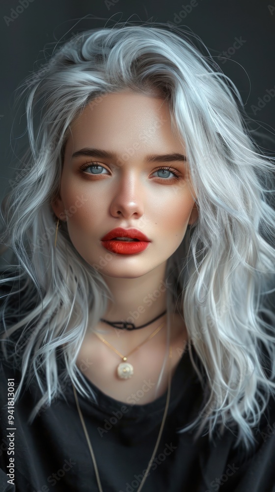 Fototapeta premium Close-up of a woman with a voluminous blonde hairstyle, wearing a black top, looking at the camera.