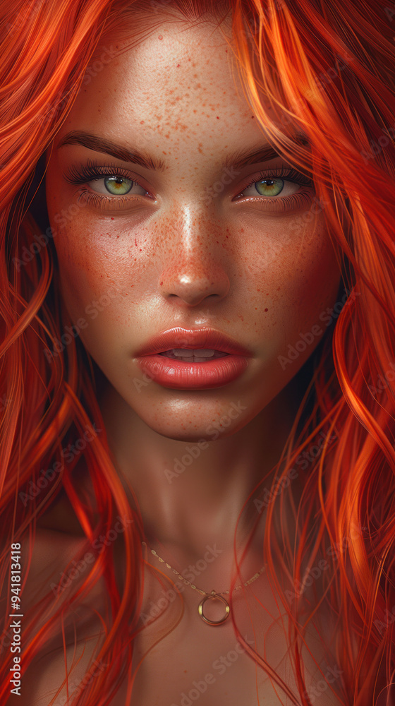 Close-up of a woman with red hair, pale skin and freckles. Close-up of a woman with red hair, pale skin and freckles.