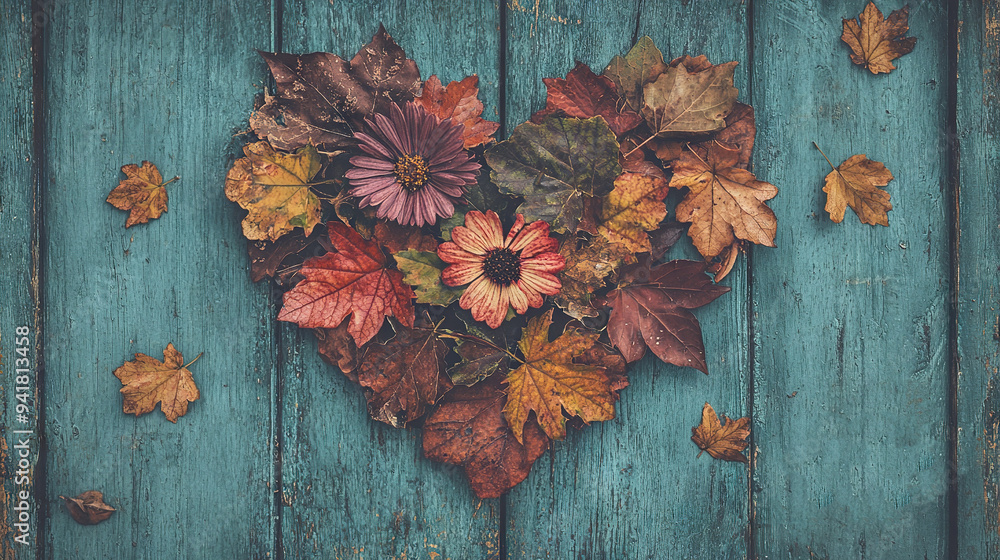 A heart-shaped arrangement of leaves and flowers on a blue wooden background with the word Love written in white, bold letters above the image A heart-shaped arrangement of leaves and flowers on a blue wooden background with the word Love written in white, bold letters above the image
