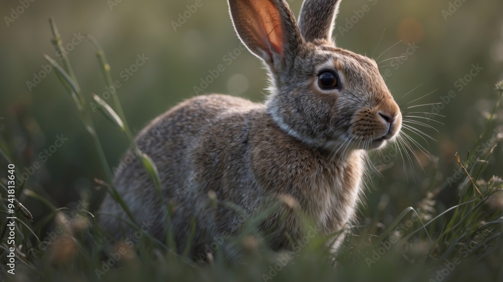 Fototapeta premium A Close-Up of a Grey Rabbit in the Grass.